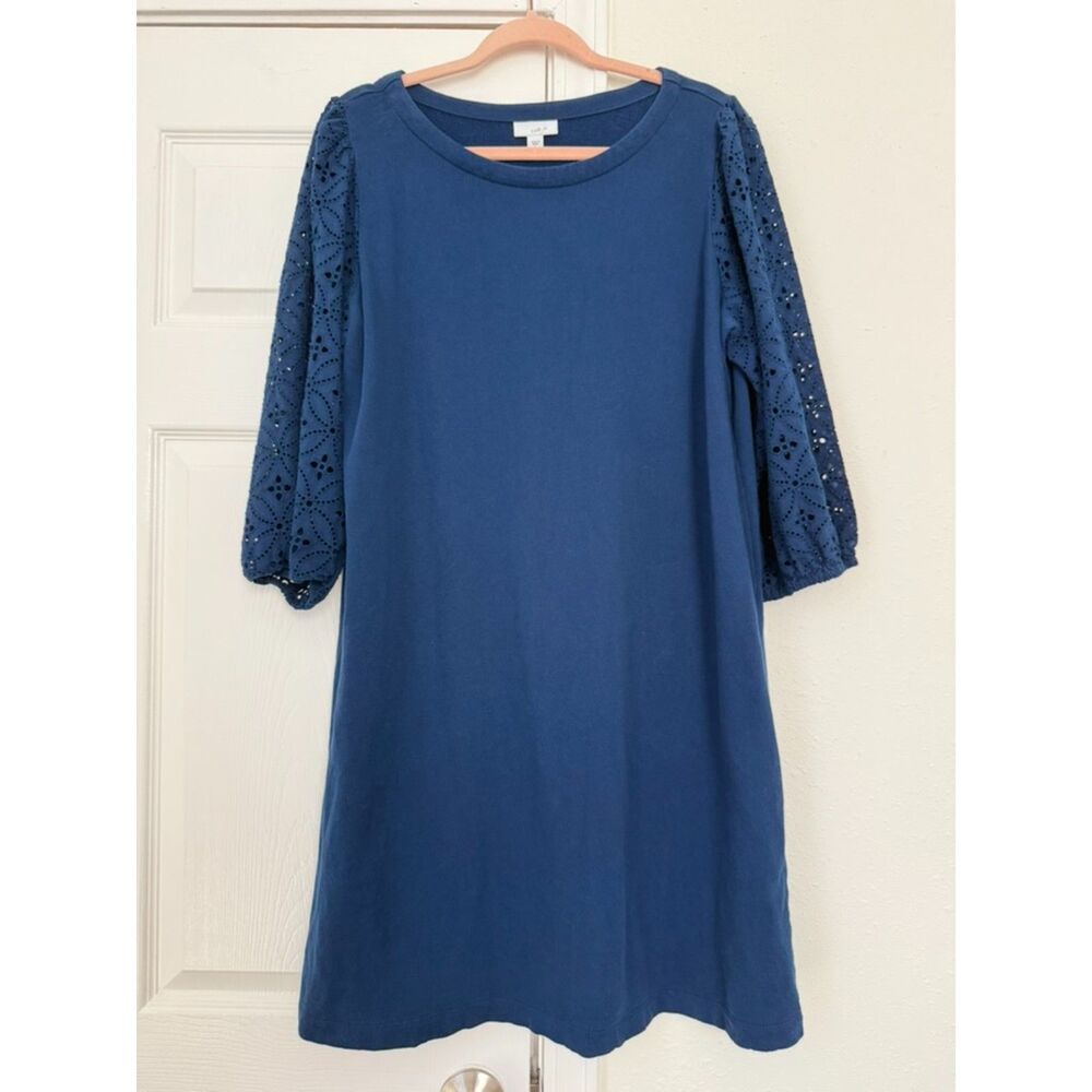 J. Jill 100% Cotton 3/4 length sleeve navy blue eyelet lace dress - Large